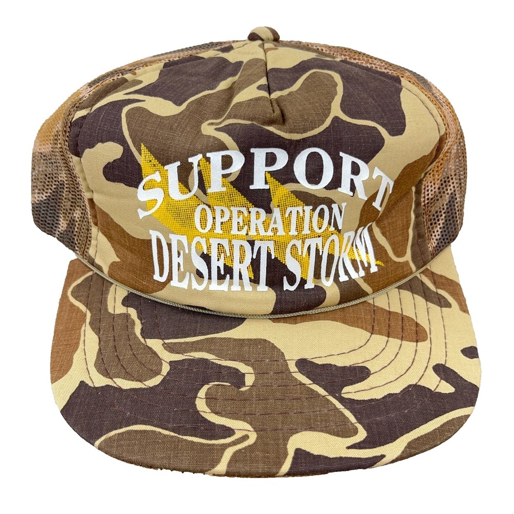 Vintage‎ Desert Storm Hat Cap Snapback Brown Bubble Camo 90s Troops Trucker Mesh